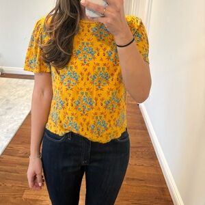 Ann Taylor Yellow Floral Short Sleeve Top